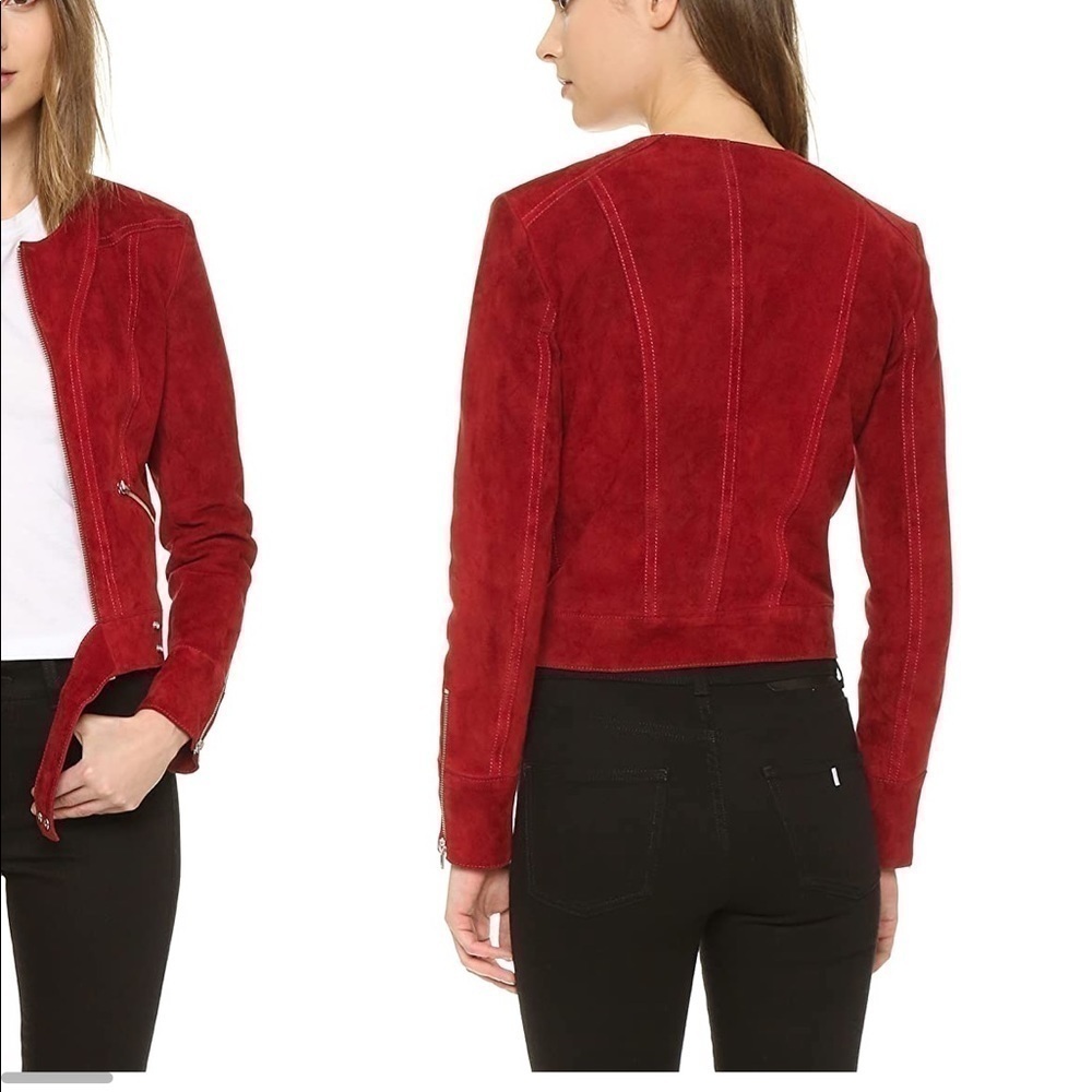 IRO Tatiana Red Suede Leather Jacket Silver Zippers Buckle Belt Fall Size 8 (40) - Picture 6 of 13